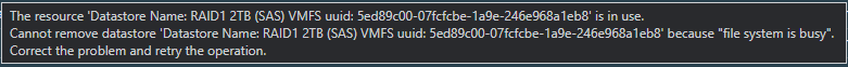 A "Delete Datastore" operation failing due to an in-use dump file